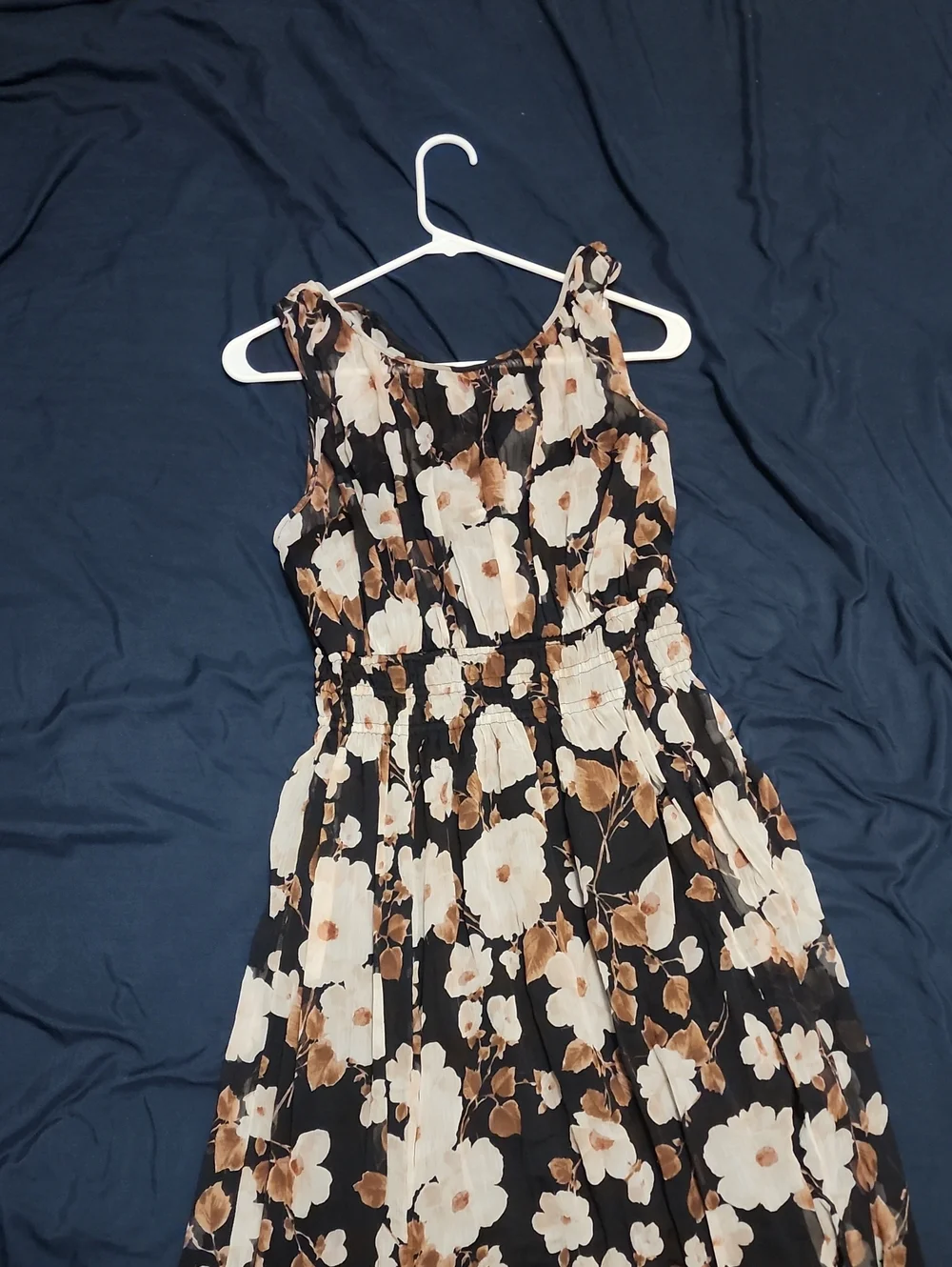 Black Floral Sleeveless Maxi Dress with Cream & Brown Blooms